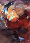  1boy archer_(fate) artist_name bangs black_shirt brown_pants commentary covered_abs cropped_jacket dark-skinned_male dark_skin dutch_angle energy fate/stay_night fate_(series) grey_hair highres holding holding_sword holding_weapon kanshou_&amp;_bakuya_(fate) knee_up long_sleeves male_focus mondi_hl outdoors pants serious shirt short_hair solo sword unlimited_blade_works_(fate) weapon white_hair 