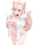  1girl absurdres ahoge animal_ears bangs bikini blonde_hair blush breasts cat_ears cat_girl cat_tail choker collarbone commentary_request eyebrows_visible_through_hair hands_up heart heart_choker highres korean_commentary large_breasts long_hair looking_at_viewer navel open_clothes open_mouth open_shirt original red_eyes riba shirt sleeves_past_wrists solo swimsuit tail thighs white_shirt 