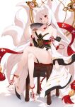  1girl absurdres animal_ears ara_haan bangs bare_legs bare_shoulders barefoot breasts cleavage crossed_legs elsword fox_ears fox_tail hair_between_eyes hand_fan highres holding holding_fan japanese_clothes large_breasts long_hair long_sleeves looking_at_viewer nyun open_mouth red_eyes shakti_(elsword) sitting smile tail white_hair wide_sleeves 