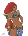  1girl abs artist_name bare_shoulders blue_eyes breasts choker circlet commentary cowboy_shot dark-skinned_female dark_skin earrings english_commentary gerudo highres hoop_earrings jewelry long_hair looking_at_viewer medium_breasts midriff muscular muscular_female navel parted_lips pointy_ears ponytail red_hair ring shardanic simple_background skirt solo teeth the_legend_of_zelda urbosa very_long_hair watermark white_background 