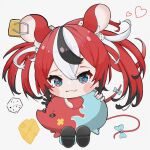  1girl :3 animal_ears black_hair blue_eyes blush_stickers chibi colored_tips dice_hair_ornament hair_ornament hakos_baelz highres hololive hololive_english looking_at_viewer mouse_ears mouse_girl mouse_tail mr._squeaks_(hakos_baelz) multicolored_hair red_hair ribbon run_(run_level_18) solo tail tail_ornament tail_ribbon virtual_youtuber white_hair 