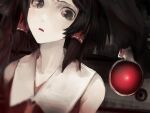  1girl bangs black_bow black_eyes black_hair bow chinese_commentary commentary cookie_(touhou) frilled_bow frills hair_bow hakurei_reimu highres large_bow looking_at_viewer mochiya_(cookie) necktie on_(_l0_) open_mouth red_eyes red_shirt robot shirt short_hair sleeveless sleeveless_shirt swept_bangs touhou upper_body yellow_necktie 