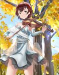  1girl autumn autumn_leaves blue_dress bow_(music) braid breasts brown_hair day detached_sleeves dress falling_leaves french_braid green_eyes hair_ornament hairclip highres holding holding_instrument instrument leaf mosta_(lo1777789) music original outdoors playing_instrument short_hair small_breasts smile solo standing tree violin 