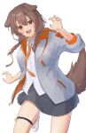  1girl :d animal_ears bangs black_skirt blush braid brown_eyes brown_hair cidersour claw_pose collared_shirt commentary_request dog_ears dog_girl dog_tail dress_shirt eyebrows_visible_through_hair grey_jacket hair_between_eyes highres hololive inugami_korone jacket long_hair long_sleeves looking_at_viewer nail_polish necktie open_clothes open_jacket open_mouth orange_nails orange_necktie pleated_skirt puffy_long_sleeves puffy_sleeves shirt shoes skirt smile solo tail thigh_strap twin_braids virtual_youtuber white_footwear white_shirt 