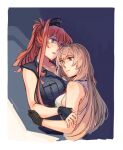  2girls bare_shoulders black_dress black_gloves blonde_hair blue_eyes breast_pocket breasts brown_hair dress gloves grey_eyes hair_between_eyes hairband hug kantai_collection large_breasts long_hair medium_breasts multicolored_background multiple_girls pocket ponytail saratoga_(kancolle) shirt side_ponytail sidelocks simple_background smokestack tiara victorious_(kancolle) weidashming white_shirt 