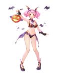  1girl :d arm_up armpits bare_arms bare_legs bare_shoulders bat bikini black_bikini black_gloves bow breasts cleavage detached_collar fingerless_gloves full_body gloves hair_bow halloween high_heels highleg highres jack-o&#039;-lantern king&#039;s_raid long_hair looking_at_viewer medium_breasts navel official_art orange_eyes pink_hair rehartna_(king&#039;s_raid) smile solo stomach string_bikini striped striped_bikini swimsuit thighs twintails waist_cape 