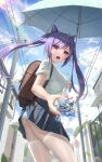  1girl backpack bag bangs blue_skirt blue_sky bottle chinese_commentary city cloud commentary_request cowboy_shot eyebrows_visible_through_hair from_below genshin_impact hair_between_eyes hair_cones hair_ornament highres holding holding_bottle holding_umbrella keqing_(genshin_impact) long_hair looking_at_viewer open_mouth panties pantyshot pleated_skirt purple_hair red_eyes shirt skirt skirt_caught_on_object sky solo splashing standing striped striped_panties teeth thighhighs twintails umbrella underwear upper_teeth utility_pole water water_bottle white_legwear white_shirt yuxing_yuhang 