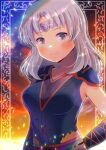  1girl bangs blue_jacket blurry blurry_background blush breasts closed_mouth commentary_request commission depth_of_field eyebrows_visible_through_hair grey_eyes grey_hair headpiece jacket kou_hiyoyo long_hair medium_breasts original parted_bangs shoulder_pads skeb_commission smile solo sunset upper_body 