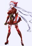  1girl black_corset boots breasts commentary_request corset dress elbow_gloves floating_hair gloves headgear high_heel_boots high_heels highres long_hair looking_to_the_side medium_breasts metal_boots metal_gloves purple_eyes red_dress red_footwear red_gloves senki_zesshou_symphogear silver_hair solo thigh_boots thighhighs thundergotch very_long_hair yukine_chris 