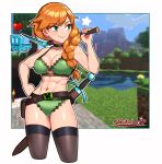  1girl abs adapted_costume alex_(minecraft) artist_name asymmetrical_hair belt bikini braid breasts cleavage diamond_pickaxe diamond_sword green_bikini green_eyes highres minecraft minecraft_pickaxe minecraft_sword muscular muscular_female navel orange_hair over_shoulder sarukaiwolf single_braid smile solo stomach swimsuit thighhighs vex_(minecraft) weapon weapon_over_shoulder 