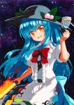  1girl :d apron arm_up black_headwear blue_bow blue_hair blue_skirt bow bowtie breasts buttons center_frills dark_background eyebrows_visible_through_hair flaming_sword flaming_weapon food frills fruit hat hinanawi_tenshi holding holding_sword holding_weapon keystone leaf long_hair looking_at_viewer medium_breasts open_mouth orange_eyes peach puffy_short_sleeves puffy_sleeves qqqrinkappp rainbow_order red_bow red_bowtie rope shide shimenawa shiny shiny_hair short_sleeves skirt smile solo sword sword_of_hisou touhou traditional_media waist_apron weapon 