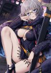  1girl bangs belt black_dress black_jacket blue_eyes breasts cleavage cropped_jacket dress fate/grand_order fate_(series) glasses grey_hair high_heels jacket jacques_de_molay_(foreigner)_(fate) large_breasts long_sleeves looking_at_viewer open_clothes open_jacket short_dress short_hair thighs tyone 