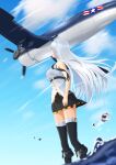  1girl aircraft azur_lane black_legwear black_necktie black_skirt blue_sky enterprise_(azur_lane) f4u_corsair from_below gold_trim highres lam_b long_hair looking_up miniskirt necktie pleated_skirt shirt skirt sky sleeveless sleeveless_shirt solo standing thighhighs white_hair white_shirt zettai_ryouiki 