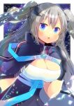  1girl azur_lane bangs black_capelet black_dress black_gloves blue_eyes breasts capelet cleavage commentary_request commission dress eyebrows_visible_through_hair gloves grey_hair hair_between_eyes hand_up intrepid_(azur_lane) kou_hiyoyo long_hair looking_at_viewer medium_breasts skeb_commission solo two_side_up very_long_hair 