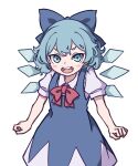 1girl absurdres angry blue_dress blue_eyes blue_hair blush_stickers cirno collared_shirt commentary dress flat_chest highres ice ice_wings kame_(kamepan44231) long_dress neck_ribbon open_mouth pinafore_dress puffy_short_sleeves puffy_sleeves red_ribbon ribbon shirt short_hair short_sleeves simple_background solo touhou v-shaped_eyebrows white_background white_shirt wings 