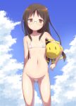  1girl areola_slip areolae ass_visible_through_thighs bare_arms bare_shoulders bikini blue_sky breasts brown_eyes brown_hair carrying carrying_under_arm closed_mouth cloud cloudy_sky collarbone commentary_request day glasses highres long_hair looking_at_viewer micro_bikini minakami_mai muu_rian navel nichijou outdoors sky small_breasts solo standing swimsuit very_long_hair white_bikini 