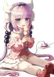  1girl absurdres bangs beads black_hairband blue_eyes blunt_bangs blush capelet dragon_girl dragon_horns dress eyebrows_visible_through_hair food frilled_capelet frills gradient_hair hair_beads hair_ornament hairband highres horns ice_cream ice_cream_cone kanna_kamui kobayashi-san_chi_no_maidragon light_purple_hair long_hair looking_at_viewer low_twintails multicolored_hair on_floor open_mouth pink_hair red_footwear sitting solo tail thighhighs twintails white_legwear zipgaemi 