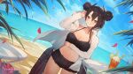  1girl agent_(girls&#039;_frontline) beach bikini black_hair blush breasts chinese_commentary cocktail collarbone commentary_request commission double_bun girls&#039;_frontline groin highres jewelry large_breasts medium_hair miniskirt navel ocean ring sangvis_ferri second-party_source skirt smile solo swimsuit takeno_(hashi_falcon) wedding_band yellow_eyes 