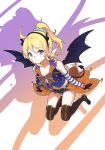  1girl ayase_eli bangs birthday blonde_hair blue_eyes blue_scrunchie boots breasts cleavage commentary_request demon_horns demon_tail demon_wings elbow_gloves engawa_(rarenago) eyebrows_visible_through_hair full_body gloves halloween highres horns large_breasts long_hair looking_at_viewer love_live! love_live!_school_idol_project ponytail scrunchie sidelocks solo tail thigh_boots thighhighs wings 