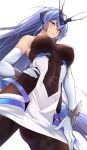  1girl :3 absurdres armpits ass_visible_through_thighs azur_lane bangs bare_shoulders blue_eyes blue_hair blush bodystocking breasts closed_mouth commentary_request covered_navel covered_nipples cowboy_shot dress elbow_gloves eyebrows_visible_through_hair from_below gloves hair_between_eyes hair_intakes hand_on_hip headgear highres large_breasts long_hair new_jersey_(azur_lane) oserotto partial_commentary sidelocks simple_background smile solo standing taut_clothes vambraces very_long_hair white_background white_dress white_gloves 