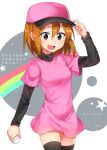  1girl adjusting_clothes adjusting_headwear arm_up ball baseball baseball_cap black_legwear blush brown_hair caramell0501 character_name copyright_name eyebrows_visible_through_hair grey_eyes hat holding holding_ball long_sleeves looking_at_viewer minna_no_rhythm_tengoku open_mouth pink_headwear pitcher_(rhythm_tengoku) rhythm_tengoku short_hair smile solo thighhighs 