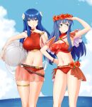  2girls alternate_breast_size alternate_costume ball beachball bikini blonde_hair blue_eyes breasts caeda_(fire_emblem) cleavage finger_to_mouth fire_emblem fire_emblem:_mystery_of_the_emblem fire_emblem:_the_binding_blade fire_emblem_heroes flower hair_flower hair_ornament head_wreath highres igni_tion large_breasts lilina_(fire_emblem) long_hair medium_breasts multiple_girls navel ocean official_alternate_costume outdoors red_bikini red_swimsuit sky standing swimsuit 