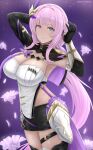 1girl archstreal armpits bangs black_gloves black_shorts blue_eyes breasts cleavage closed_mouth cowboy_shot elbow_gloves elf elysia_(honkai_impact) eyebrows_visible_through_hair flower from_side gloves hair_ornament highres honkai_(series) honkai_impact_3rd large_breasts looking_at_viewer pink_hair pointy_ears purple_background short_shorts shorts smile solo thighhighs thighs 