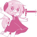  1girl :3 armpits bow chibi commentary_request dress hair_between_eyes halftone hanyuu highres higurashi_no_naku_koro_ni horns long_hair momotarekawa monochrome open_mouth outstretched_arms pink_theme shoes signature simple_background smile solo spread_arms standing standing_on_one_leg sundress very_long_hair 