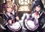  2girls :d amahara_pekozaemon animal_ears apron black_bow black_hair blue_eyes blurry blurry_background blush bow breasts brown_eyes brown_hair buttons center_frills commentary_request day depth_of_field eishin_flash_(umamusume) eyebrows_visible_through_hair frills hair_between_eyes hair_bow highres horse_ears horse_girl horse_tail indoors large_breasts long_hair long_sleeves multiple_girls open_mouth pink_bow puffy_short_sleeves puffy_sleeves short_hair short_sleeves smart_falcon_(umamusume) smile sunlight tail twintails umamusume white_apron wrist_cuffs 