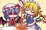  2girls :i alternate_costume apron ascot bat_wings blonde_hair closed_eyes crystal cup decantering dress enmaided failure flandre_scarlet frilled_shirt_collar frilled_skirt frills frown grumpy hat hat_ribbon light_purple_hair maid maid_apron maid_headdress mob_cap multiple_girls pink_dress pink_headwear pout puffy_short_sleeves puffy_sleeves red_ascot red_eyes red_ribbon remilia_scarlet ribbon saucer shaded_face short_hair short_sleeves siblings side_ponytail sidelocks sisters skirt smile solid_oval_eyes spilling table tablecloth teacup teapot touhou unime_seaflower wings 