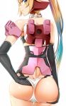  1girl adjusting_clothes adjusting_panties armor ass bare_shoulders black_gloves blonde_hair blue_eyes blue_hair blush closed_mouth cowboy_shot detached_collar doko_tetora elbow_gloves eyebrows_visible_through_hair frame_arms_girl from_behind gloves gradient_hair headgear jinrai_(frame_arms_girl) legs_together long_hair looking_at_viewer looking_back looking_down mecha_musume multicolored_hair panties ponytail shiny shiny_hair shiny_skin simple_background solo standing thigh_gap thighhighs underwear very_long_hair wedgie white_background white_panties 