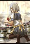  1girl apron black_legwear blue_eyes blue_sailor_collar blue_skirt blush commentary_request eyebrows_visible_through_hair fish full_body grilling hair_ornament hair_over_one_eye hairclip hamakaze_(kancolle) hand_fan highres holding kantai_collection kappougi one-hour_drawing_challenge open_mouth pleated_skirt sailor_collar school_uniform seitei_(04seitei) shirt short_hair silver_hair skirt solo thighhighs twitter_username uniform white_shirt yellow_apron 