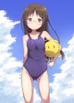  1girl ass_visible_through_thighs bare_arms bare_shoulders blue_sky blue_swimsuit breasts brown_eyes brown_hair carrying carrying_under_arm closed_mouth cloud cloudy_sky collarbone commentary_request day glasses highres long_hair looking_at_viewer minakami_mai muu_rian nichijou one-piece_swimsuit outdoors school_swimsuit sky small_breasts solo standing swimsuit very_long_hair 
