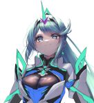  1girl bangs breasts chest_jewel earrings gem greek_text green_eyes green_hair hakusai_(hksicabb) headpiece highres jewelry large_breasts long_hair pneuma_(xenoblade) ponytail solo swept_bangs tiara unfinished very_long_hair xenoblade_chronicles_(series) xenoblade_chronicles_2 