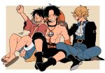  3boys :d ^_^ ascot black_hair blonde_hair brothers closed_eyes fist_pump gloves grin jewelry male_focus monkey_d._luffy multiple_boys necklace one_piece portgas_d._ace sabo_(one_piece) sandals scar scar_on_face short_hair shorts siblings sitting smile tbt 