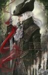  1girl ascot blood bloodborne blue_eyes cape coat gem gloves hat hat_feather holding justin_paul lady_maria_of_the_astral_clocktower long_hair rakuyo_(bloodborne) solo sword the_old_hunters tricorne weapon white_hair 