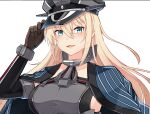  1girl anchor aqua_eyes armor bismarck_(kancolle) blonde_hair blue_eyes breastplate breasts brown_gloves gloves hanten_(clothes) hat highres ido_(teketeke) japanese_clothes kantai_collection kimono kriegsmarine large_breasts long_hair military military_uniform peaked_cap sideboob solo uniform upper_body white_background 