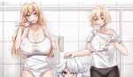  3girls aoi_(buzhuen444) bangs bare_shoulders bathroom blonde_hair blue_eyes breasts brushing_teeth cleavage collarbone cup des_moines_(warship_girls_r) eyebrows_visible_through_hair green_eyes hair_between_eyes hand_on_another&#039;s_head highres holding holding_toothbrush huge_breasts long_hair messy_hair mug multiple_girls newport_news_(warship_girls_r) off_shoulder panties red_eyes salem_(warship_girls_r) shirt short_sleeves silver_hair size_difference sleeveless tank_top tile_background tile_wall tiles toothbrush toothbrush_in_mouth toothpaste underwear underwear_only warship_girls_r white_panties white_shirt 