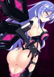  1girl absurdres ass backless_outfit bare_shoulders black_bodysuit black_gloves black_wings blue_hair blush bodysuit breasts cowboy_shot elbow_gloves from_behind gloves hand_on_hip hand_on_own_ass hatsune_haruka highres iris_heart kami_jigen_game_neptune_v long_hair looking_at_viewer looking_back mechanical_wings medium_breasts midriff neptune_(series) pink_eyes power_symbol purple_hair pururut revealing_clothes smile solo symbol-shaped_pupils thighs very_long_hair wings 