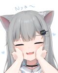  1girl 1other amashiro_natsuki animal_ears bangs cat_ears closed_eyes collared_shirt commentary_request eyebrows_behind_hair facing_viewer fangs grey_hair hair_ornament hairclip heart long_hair nacho_(amashiro_natsuki) nyan open_mouth original portrait romaji_text shirt simple_background solo_focus whiskers white_background white_shirt 