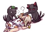  3girls :3 animal_ears barefoot bell black_wristband brown_hair cat_ears cat_tail chen chen_(cat) commentary_request earrings frown goutokuji_mike green_headwear hand_on_another&#039;s_head jewelry jingle_bell kaenbyou_rin kaenbyou_rin_(cat) kneeling multicolored_hair multiple_girls multiple_tails nekomata one-hour_drawing_challenge orange_hair patchwork_clothes paw_print puffy_short_sleeves puffy_sleeves red_eyes short_hair short_shorts short_sleeves shorts simple_background single_earring solid_oval_eyes streaked_hair tail touhou twitter_username two_tails unime_seaflower white_background white_hair 