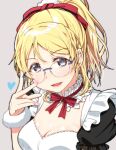  1girl adjusting_eyewear ayase_eli bangs blonde_hair blue_eyes blue_heart breasts cleavage commentary_request earrings eyebrows_visible_through_hair glasses grey_background heart jewelry large_breasts long_hair love_live! love_live!_school_idol_project maid nail_polish ponytail portrait rimless_eyewear shiny shiny_hair shiny_skin sidelocks skull573 solo 