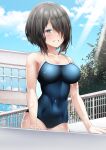  1girl black_hair blue_eyes blue_sky blue_swimsuit building cloud commentary_request competition_school_swimsuit cowboy_shot day fence hair_over_one_eye highres looking_at_viewer original outdoors parted_lips school_swimsuit short_hair signdasuyo sky solo swimsuit tree 