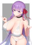  1girl bangs bare_shoulders bb_(fate) bb_(fate/extra) blush breasts cleavage commentary_request fate/extra fate/extra_ccc fate_(series) hair_ribbon highres kitajima_yuuki large_breasts long_hair looking_at_viewer purple_eyes purple_hair red_ribbon ribbon thighs very_long_hair 