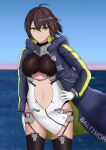  1girl absurdres ahoge azur_lane baltimore_(azur_lane) black_legwear black_leotard blue_coat blue_jacket braid breasts brown_hair center_opening character_name clothing_cutout cloud cloudy_sky coat cowboy_shot dawn dress eyebrows_visible_through_hair french_braid gloves gradient_sky hair_between_eyes hand_on_hip highres hood hooded_coat hooded_jacket jacket kalinin4410 large_breasts leotard long_sleeves looking_at_viewer morning multicolored_coat name_tag ocean outdoors short_hair sky solo stomach_cutout thighhighs underboob_cutout water white_gloves yellow_eyes 
