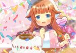  1girl :d bangs bare_shoulders birthday_cake blue_eyes blunt_bangs blurry blurry_background blush breasts brown_hair cake clothing_cutout commentary_request commission confetti copyright_request depth_of_field eyebrows_visible_through_hair food fruit hair_flaps hands_up happy_birthday heart jacket kou_hiyoyo long_hair long_sleeves looking_at_viewer open_clothes open_jacket pennant pink_jacket shirt shoulder_cutout skeb_commission small_breasts smile solo strawberry string_of_flags upper_body very_long_hair white_headwear white_shirt 