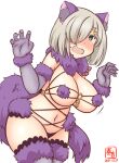  1girl animal_ears artist_logo blue_eyes breasts commentary_request cosplay dated elbow_gloves fate_(series) fur-trimmed_gloves fur-trimmed_legwear fur_collar fur_trim gloves hair_ornament hair_over_one_eye halloween halloween_costume hamakaze_(kancolle) kanon_(kurogane_knights) kantai_collection lace-trimmed_legwear lace_trim large_breasts leaning_forward look-alike mash_kyrielight mash_kyrielight_(cosplay) mash_kyrielight_(dangerous_beast) mash_kyrielight_(dangerous_beast)_(cosplay) o-ring o-ring_top one-hour_drawing_challenge purple_gloves purple_legwear purple_tail revealing_clothes silver_hair simple_background solo tail thighhighs white_background wolf_ears wolf_girl wolf_tail 
