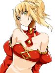  1girl bandeau bare_shoulders blonde_hair blush braid closed_mouth detached_sleeves doko_tetora fate/apocrypha fate_(series) french_braid green_eyes head_tilt juliet_sleeves long_sleeves looking_at_viewer mordred_(fate) mordred_(fate/apocrypha) navel notice_lines ponytail puffy_sleeves simple_background solo strapless tube_top white_background 