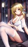  1girl arm_under_breasts black_bra blonde_hair bra breasts choker cleavage clothes_lift collar dripping genshin_impact highres large_breasts lumine_(genshin_impact) shiny shiny_skin shirt skirt skirt_lift solo thighhighs thighs underwear wet wet_clothes white_legwear white_shirt wsman yellow_eyes 