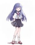  1girl arms_behind_back bangs black_skirt blue_hair blunt_bangs blush bobby_socks bow bowtie closed_eyes collared_shirt commentary_request facing_viewer full_body furude_rika highres higurashi_no_naku_koro_ni knees_together_feet_apart korean_commentary long_hair mary_janes mixed-language_commentary multiple_sources parted_lips pink_bow pink_bowtie pleated_skirt red_footwear shirt shoes short_sleeves simple_background sketch skirt smile socks solo standing suspender_skirt suspenders white_background white_legwear white_shirt wing_collar yang38 